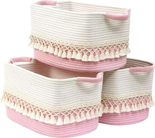 3 Pack Storage Basket for Shelves, Boho Cotton Rope Storage Bins with Heavy Tassel, Shelf Baskets Large Woven Baskets for Organizing, Cube Organizer Bins, Baby Laundry Basket for Clothes, Toys, Pets