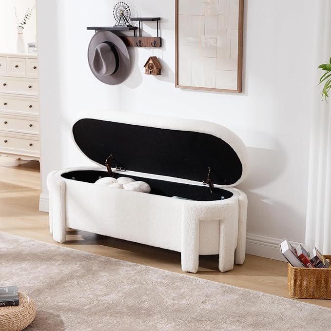 Modern Sherpa Storage Ottoman Bench for Bedroom 47.25 in Comfy Boucle Upholstered Entryway Bench with Storage for End of Bed/Living Room/Lounge/Window Corner, White