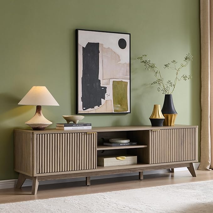 OKD 70" Mid Century Modern Fluted TV Stand, Entertainment Center, Sideboard, Media Console for Living Room with 2 Soft Close Door/Adjustable Shelves (Alder Grey)