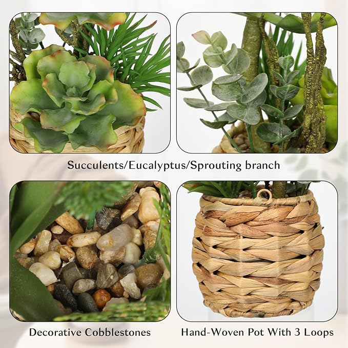 10" Large Succulents Plants Artificial in Wooden Pots, Potted Faux Succulent Arrangement with Woven Pots, Fake Desk Succulents Plants for Home Bathroom Shelf Table Indoor Decor