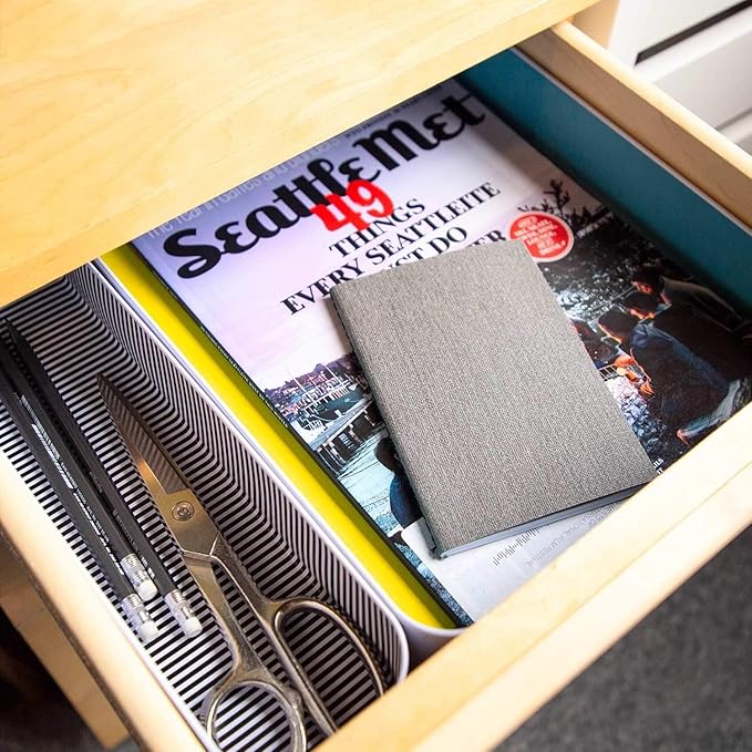 Three by Three Seattle 6 Piece Metal Organizer Tray Set for Storing Makeup, Stationery, Utensils, and More in Office Desk, Kitchen and Bathroom Drawers (2 Inch, Assorted Colors, Stripes)