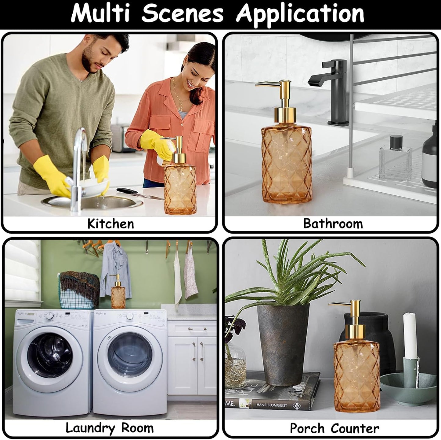 Glass Soap Dispenser with Gold Plastic Pump, 12oz Refillable Liquid Hand Soap Dispenser, 2 Pack Crystal Lotion Bottle for Modern Home Decor, Bathroom, Kitchen Countertop, Hotel(Amber)