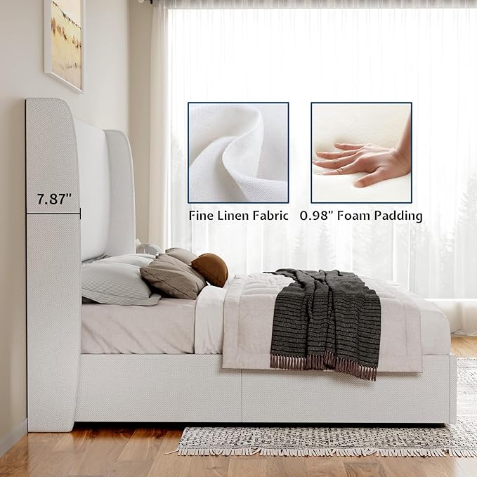 Jocisland Queen Size Bed Frame Lift Up Storage Bed Linen Upholstered Bed Frame with Hydraulic Storage/Wingback Headboard/No Box Spring Needed/White