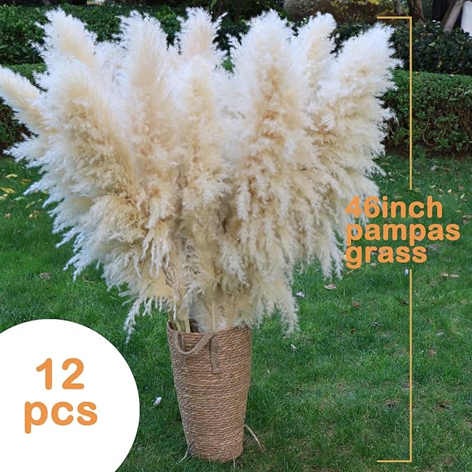 46inch 12pcs Dried Pampas Grass Decor Tall-Large Beige Pompas Grass Floral-Natural Tall Fluffy Pampas Grass Flower for FloorVase,Wedding,Party,Living Room Floor,BohoHome Decor