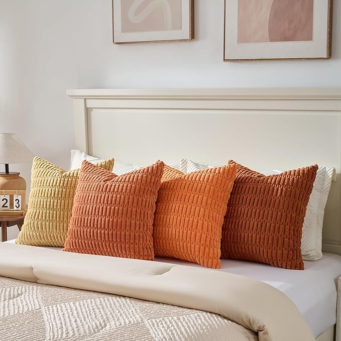 Fancy Homi Set of 4 Burnt Orange Fall Decorative Throw Pillow Covers 14x14 Inch for Couch Bed Chair, Modern Farmhouse Boho Room Decor, Soft Fuzzy Corduroy Textured Striped Cushion Case 35cm