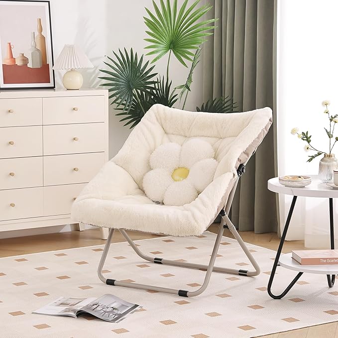 Saucer Chair, Comfy Bedroom Chairs, Oversized Folding Faux Fur Chair, Foldable Metal Frame Chair for Living Room, Balcony, Patio, Study, Playroom (Beige)