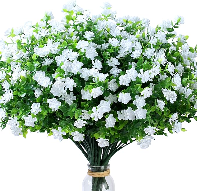SITUMEIZI 8 Bundles White Artificial Flowers Outdoor Fake Flower Plastic UV Resistant Shrubs Greenery Plants Hanging Decorations Garden Porch Window Box Farmhouse Outside Summer Indoor Decor