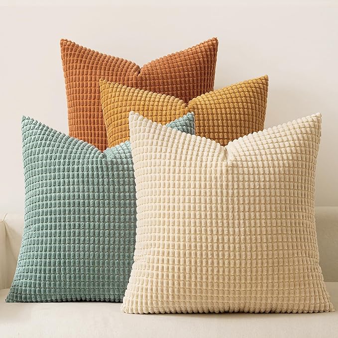 MIULEE Boho Farmhouse Decorative Pillow Covers 22x22 Inch Set of 4 Rustic Modern Fall Home Decor Couch Home Decor Couch Throw Pillows Summer Corduroy Pillowcases for Sofa Living Room Bed Orange/Teal