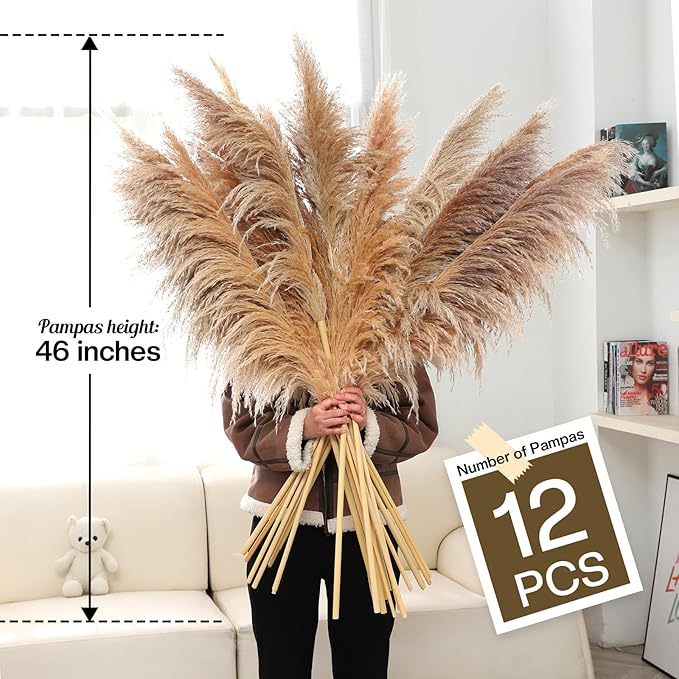 46inch 12pcs Dried Pampas Grass Decor Tall-Large Brown Pompas Grass Floral-Natural Tall Fluffy Pampas Grass Flower for Floor Vase,Wedding,Party,Living Room Floor,Boho Home Decor