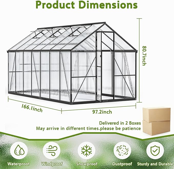 Wanan 8x14FT Greenhouses for Outdoors, Quick Assembly Polycarbonate Green House with UV Protection, Heavy Duty Windproof Aluminum Frame, Adjustable Roof Vent for Backyard or Outdoor Garden Use