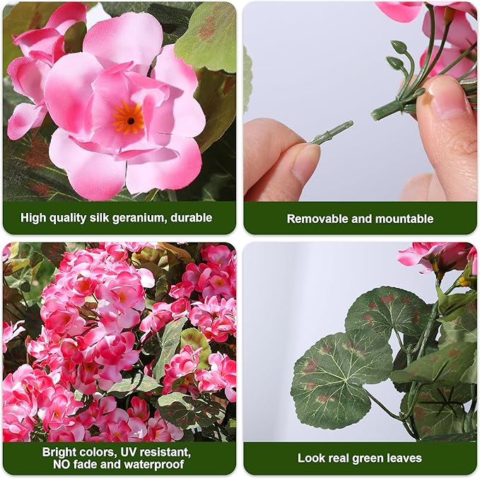 Artificial Geranium Fake Flowers for Outdoors Decoration, 6 Bundles Silk Geraniums Pink Flower UV Resistant Look Real Faux Plants for Front Door Garden Porch Planter Patio Balcony Yard Indoor Home