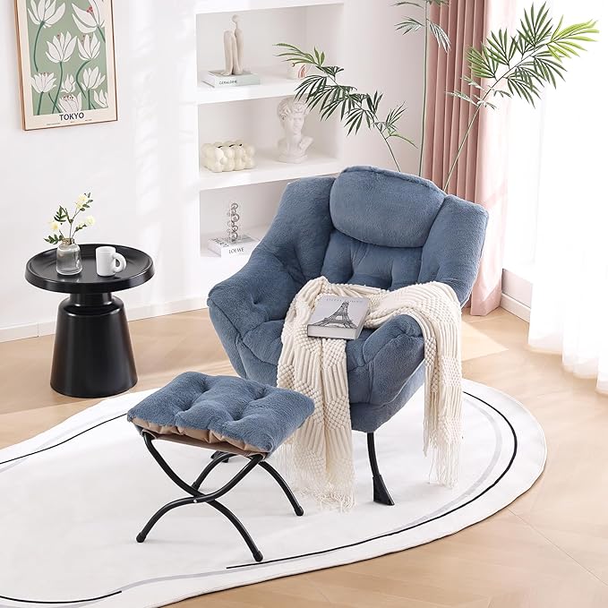 Welnow Lazy Chair with Ottoman, Modern Lounge Accent Chair with Armrests and a Side Pocket, Leisure Sofa Armchair Set, Reading Armchair with Footrest for Small Space, Plush Light Blue