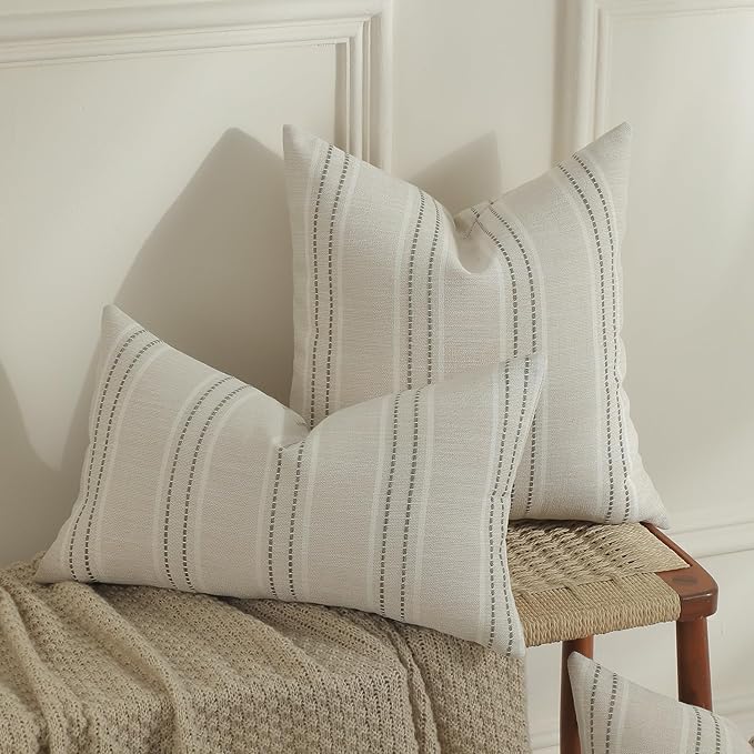 Hckot Throw Pillow Covers 24x24 Set of 2 Striped Pillow Covers Textured Linen Decorative Pillows Square Cushion Covers for Sofa Couch Bed Living Room Farmhouse Decor, Greyish Green
