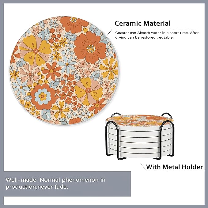 6 Pcs Coasters for Drinks with Holder,Retro 70s 60s Floral Hippie Flowers Absorbent Coaster with Cork Backing,Great Gift for Housewarming,Room Decor,Bar,Holiday Party