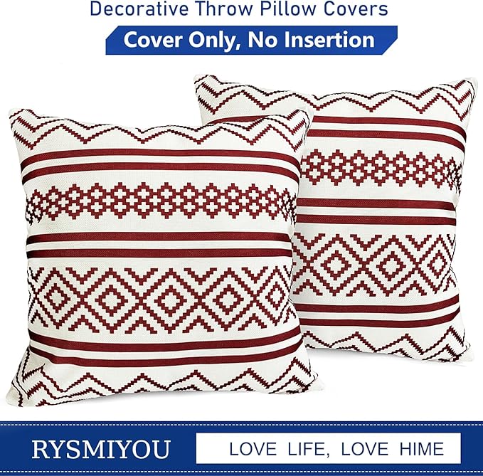 Decorative Throw Pillow Covers Set of 2 Wine Red Boho Pillow Covers 18x18 Inch Throw Pillow Cover Linen Pillowcase Modern Farmhouse Outdoor Pillow Covers for Couch Sofa Bed Living Room