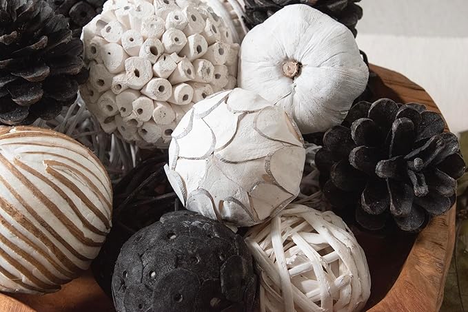 Natural Tones Vase & Bowl Mini Pumpkins Pinecone Fillers Decorative Balls | Home Decor (Black & White)