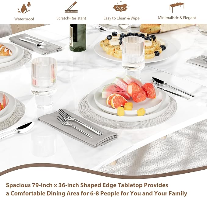 IDEALHOUSE 78.7”Dining Table with Wave Irregular Edge, 15mm Thick MDF Top & Metal Frame, for Kitchen, Quick Assembly, Wooden Kitchen Table for 6-8, Waterproof Scratch-Resistant, Marble