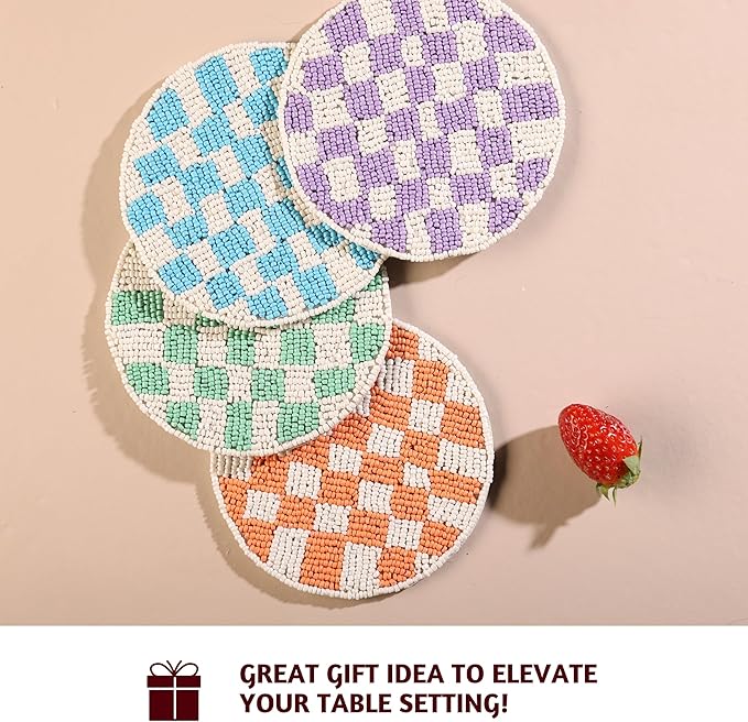 Folkulture Coaster for Drinks | (4") Pack of 4 Multicolor Boho Coasters | Cute Round Boho Coaster | Beaded Drink Coasters for Coffee Table | Round, Beaded, Hand Wash Only