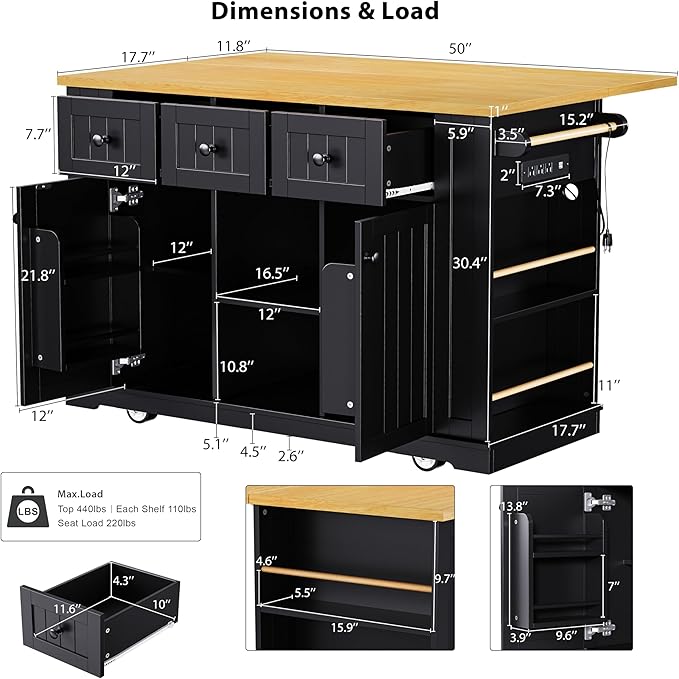Merax 53" Upgraded Kitchen Cart Island on Wheels with Power Outlet,Drop Leaf,3 Drawers and 5 Open Side Racks,Wood Frame Storage Cabinet