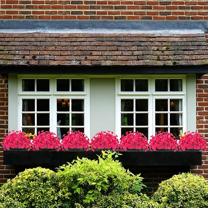 15 Bundles Artificial Flowers UV Resistant Outdoor Plants No Fade Faux Plastic Shrubs Fake Silk Flowers Window Box Garden Porch Home Decoration (Morning Glory Fuchsia)
