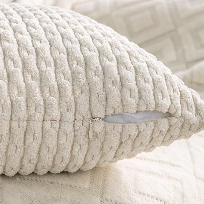 Set of 4 Cream White Decorative Throw Pillow Covers 18x18 Inch Corduroy Pillow Covers for Bed Couch Sofa Living Room Soft Square Cushion Cases