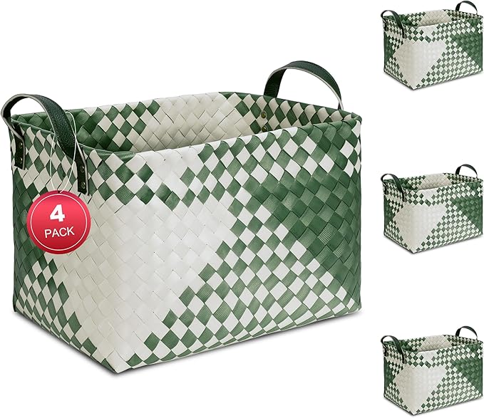 15L Laundry Baskets Waterproof Storage Baskets For Shelves Large Laundry Hamper With Leather Handle -set of 6 Cube Organizers Woven Bins for Bathroom,Bedroom,Pantry,Clothes,Car & Towels-Green