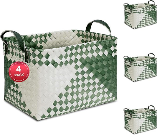 15L Laundry Baskets Waterproof Storage Baskets For Shelves Large Laundry Hamper With Leather Handle -set of 6 Cube Organizers Woven Bins for Bathroom,Bedroom,Pantry,Clothes,Car & Towels-Green