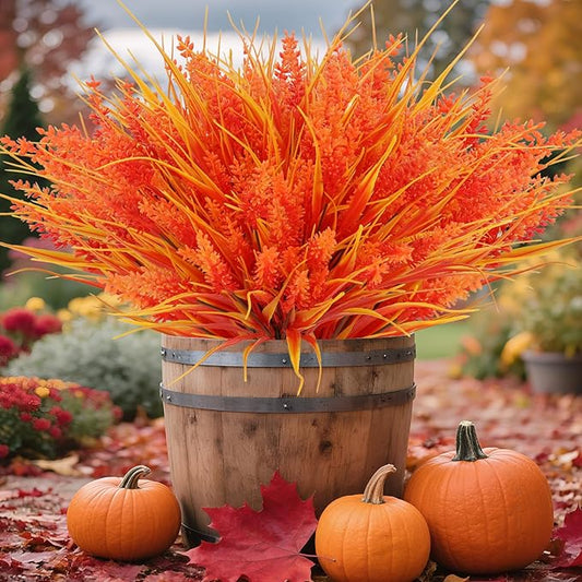 Geegoods 24 Bundles Artificial Fall Flowers Outdoor – Faux Lavender Flowers with Monkey Grass UV Resistant Plastic Faux Plants for Garden Porch Patio Home Decor, Autumn Color