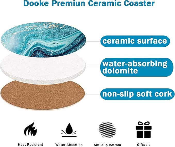Dooke Coasters for Drinks, Round Absorbent Ceramic Stone Coasters Set of 6 with Cork Base,Funny Coaster with Holder for Cold Drinks Wine Mugs and Cups Tabletop Protection, 4 Inches,Teal Marble