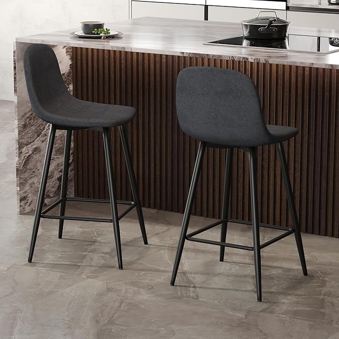 Modern Bar Stools Set of 4,Grey Techno-Fabric Counter Height Bar Stools,24.6" Bar Chairs with Back Metal Footrest,Modern Counter Stool with Back and Footrest for Kitchen Island Restaurants Pubs