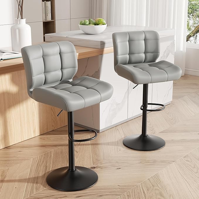 Modern Bar Stools Set of 2, Faux Leather Upholstered Swivel Bar Stools, Adjustable Counter Height Bar Chairs with High Back and Footrest for Kitchen Island (Light Grey)