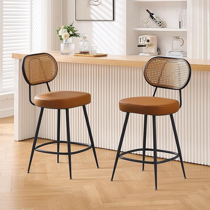 BFZ Counter Height Bar Stools Set of 2, 26" Seat Height Barstools with Rattan Back and Metal Legs, Upholstered Faux Leather Bar Chairs for Kitchen Island, Home Bar, Brown