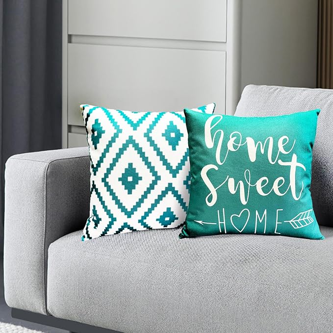 Decorative Throw Pillow Covers Set of 4 Aqua Blue Pillow Covers16x16 inch Throw Pillows Linen Square Pillow Case,Farmhouse Outdoor Modern Geometric Pillow Covers for Couch Sofa Bedroom