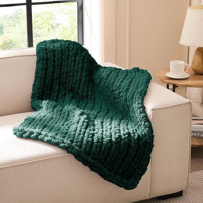 L'AGRATY Chunky Knit Blanket Throw - Soft Chunky Throw Blankets 30x40: 100% Hand Kintted Chenile Crochet Throw Blanket for Couch - Large Cable Knit Blankets for Home Decor(Olive Green)