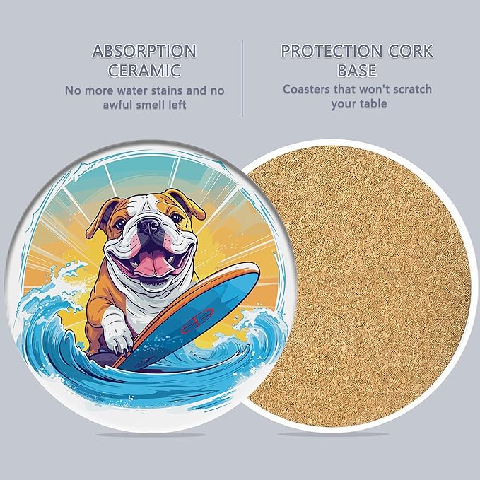 Coaster for Drinks Set of 6, Cute Dog Surfing Absorbing Round Ceramic Stone Coaster with Cork Base,Tabletop Protection Mat for Mugs and Cups,Coffee Table Wine Glass Home Bar 4 Inch