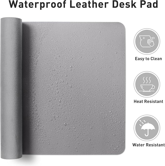Aothia Faux Leather Desk Mat – Large Mouse Pad, Non-Slip PU Leather Blotter, Waterproof Writing Surface for Office and Home (Light Grey, 47.2" x 23.6")