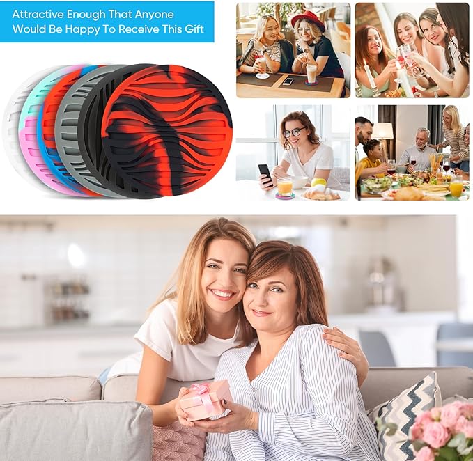 6 Pack Rubber Drink Coasters,Coasters for Drink with Holder,Silicone Cup Mat Non-Stick,Non-Slip,Thickened Live for Hot or Cold Drink-Pure Black