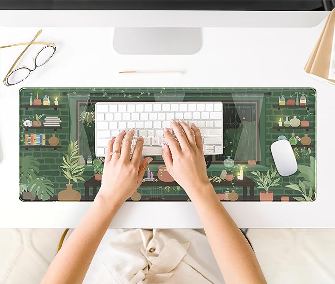 Kawaii Rainy Night Desk Mat Green Plants Gaming Mouse Pad XL, Aesthetic Anime Black Cat Desk Pad Laptop Computer Keyboard Mouse Mat, Desktop Decor Accessories for Girl Women Office 31.5"x11.8"