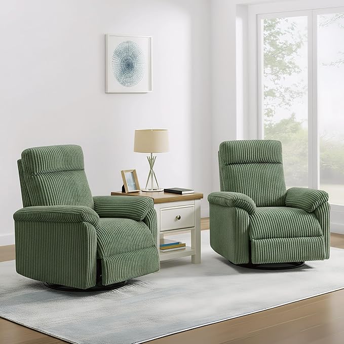 Swivel Rocker Recliner for Adults, Corduroy 360 Degree Swivel Glider Recliner Manual 3-Position Adjustable Easy Assembly for Small Space Living Room Nursery Bedroom