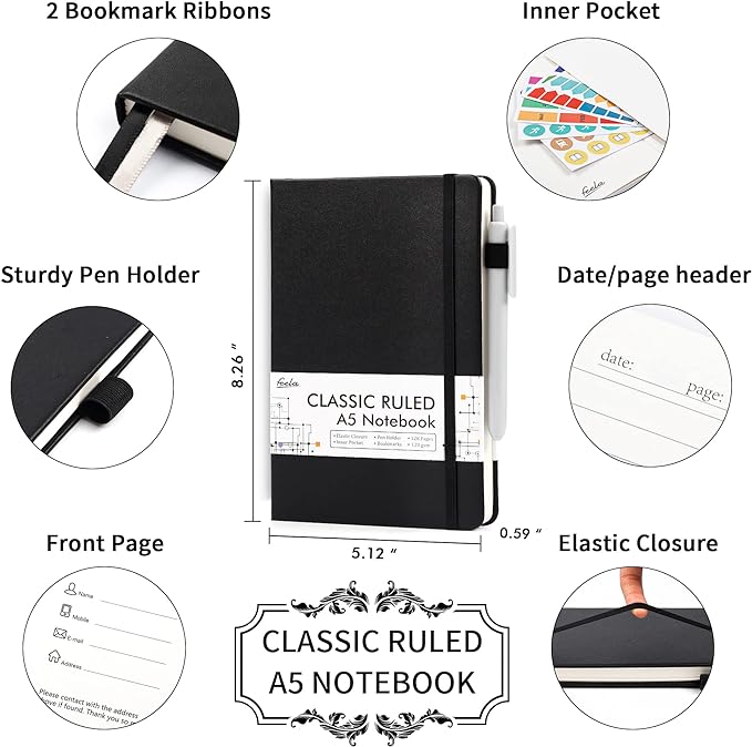 5 Pack Journal Notebook Bulk for School, Feela Hardcover Business Notebooks Classic Ruled Lined Journals with Pen Holder for Work Note Taking, with 5 Black Pens, 120 GSM, 5.1”x8.3”, A5, Black