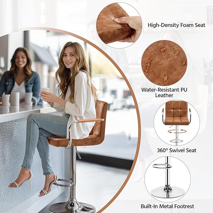 Yaheetech Bart Stools Set of 4, PU Leather Adjustable Barstools with Armrest, Counter Height Stool Chairs with Thickened Seat Cushion for Kitchen Island, Retro Brown