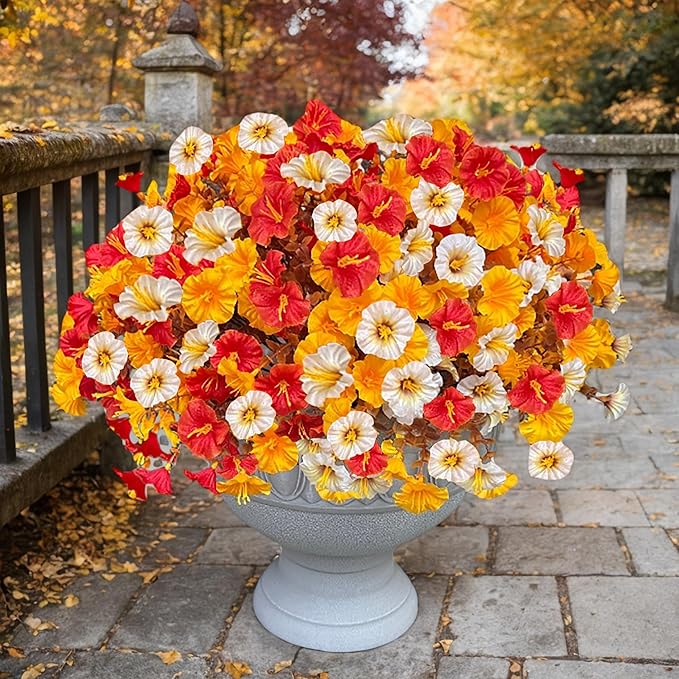 Artificial Fall Flowers for Outdoor, Fake Petunias Plants, Faux Flower, Fake Mums, 4PCS Fall Outdoor Decoration, UV Resistant, Silk Morning Glorias, for Home Garden Porch Planter (Early Harvest)
