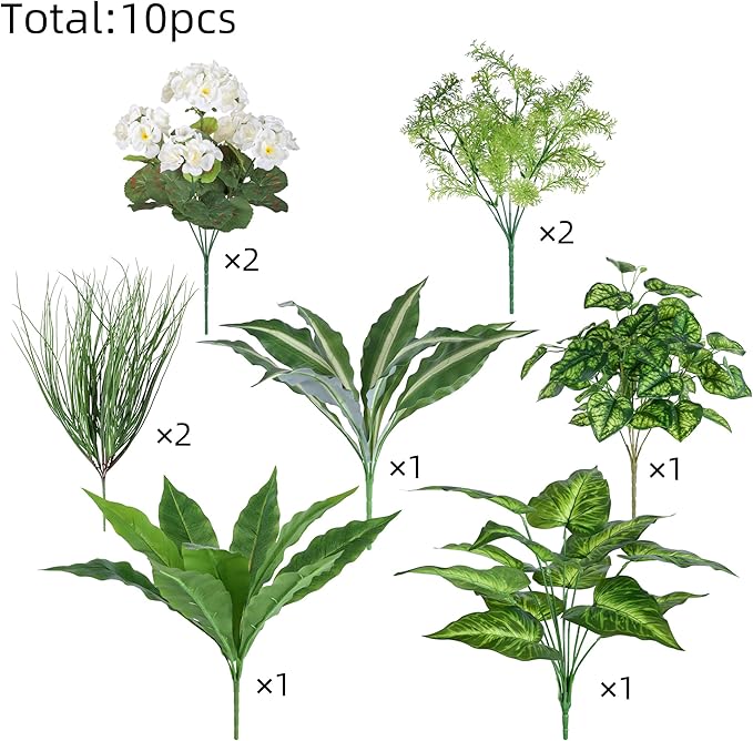 10 Bundles Artificial Greenery Plants & Flowers for Outdoor UV Resistant Fake Plants Plastic Leaves with Stems for Outside Garden Porch Decor (Mixed-White)