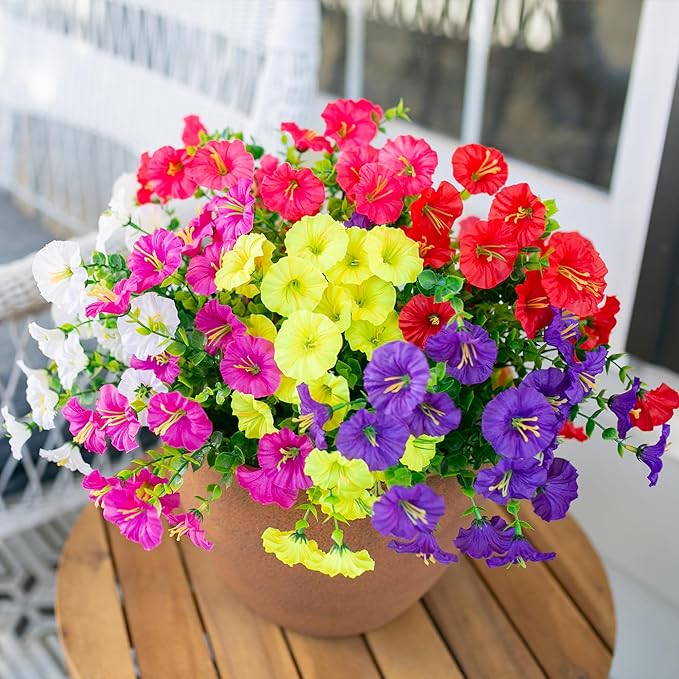 Artificial Flowers Fake Plants for Outdoors Decoration, 12 Bundles Silk Morning Glory with Eucalyptus Realistic UV Resistant Faux Flowers for Outside Planter Porch Yard Patio Garden Home Indoor, Mix