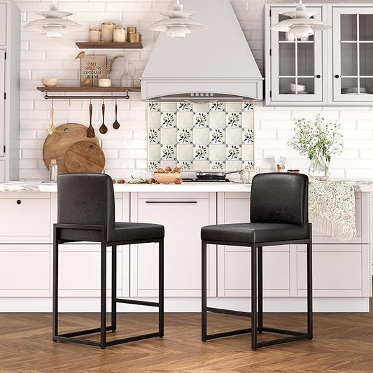 ALPHA HOME Counter Height Bar Stools, 24” Kitchen Counter Stools Set of 2, Pu Leather Kitchen Modern Bar Chairs with Back&Footrest, Sturdy Chromed Metal Steel Frame, Black