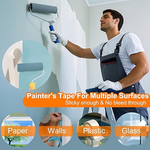 Painters Tape 10 Rolls, Masking Tape 1 Inches x 55 Yards,Gentle Adhesive,Protects Delicate Surfaces, Painting Tape for Walls, Labeling, Decorating,Crafts,DIY,No Residue,Easy Removal,Blue