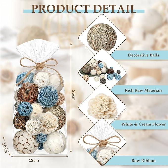 Riceshoot 2 Pack Decorative Balls Potpourri Bowl Filler Decor Natural Vase Bowl Filler Assorted Spherical Rattan Twigs Wicker Balls Cotton for Home Centerpiece(Blue)