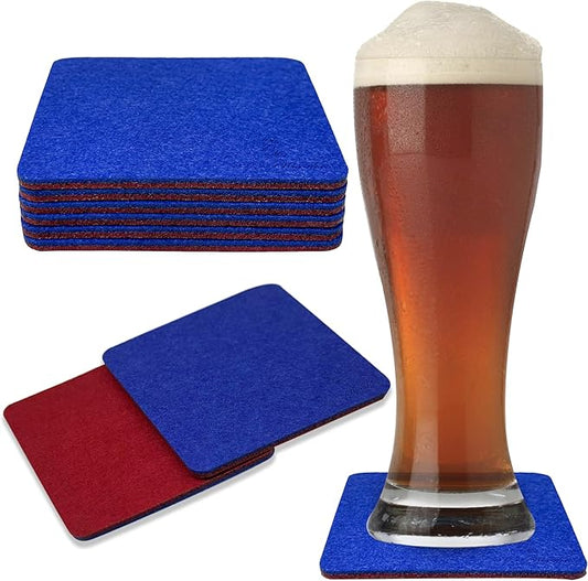 A&A Wonders Premium Felt Coasters for Drink, Two-Tone Reversible, Absorbent Felt Protects Furniture, Table, Anti Slip, Suitable for Drinks & All Table Types (Wine Red/Royal Blue, Square 6 Pack)