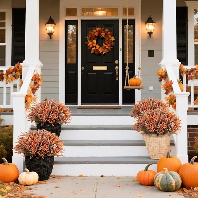 Artificial Fall Flowers for Outdoors - 6 Bundles UV Resistant Fake Plans Plastic Faux Fall Plants Arrangement, No Fade Outdoor Decor for Porch Garden Yard Home (Autumn Colors)