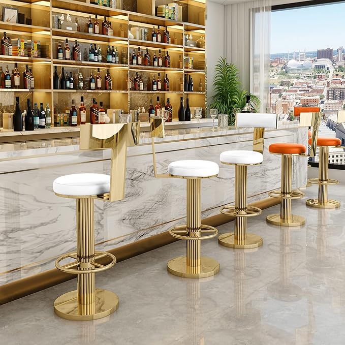 FUNROLUX Counter Height Bar Stools with Back, Modern Adjustable Height Barstools Swivel Bar Chairs with Polished Gold Stainless Steel Legs and Comfortable Cushion for Kitchen Island Counter (White)